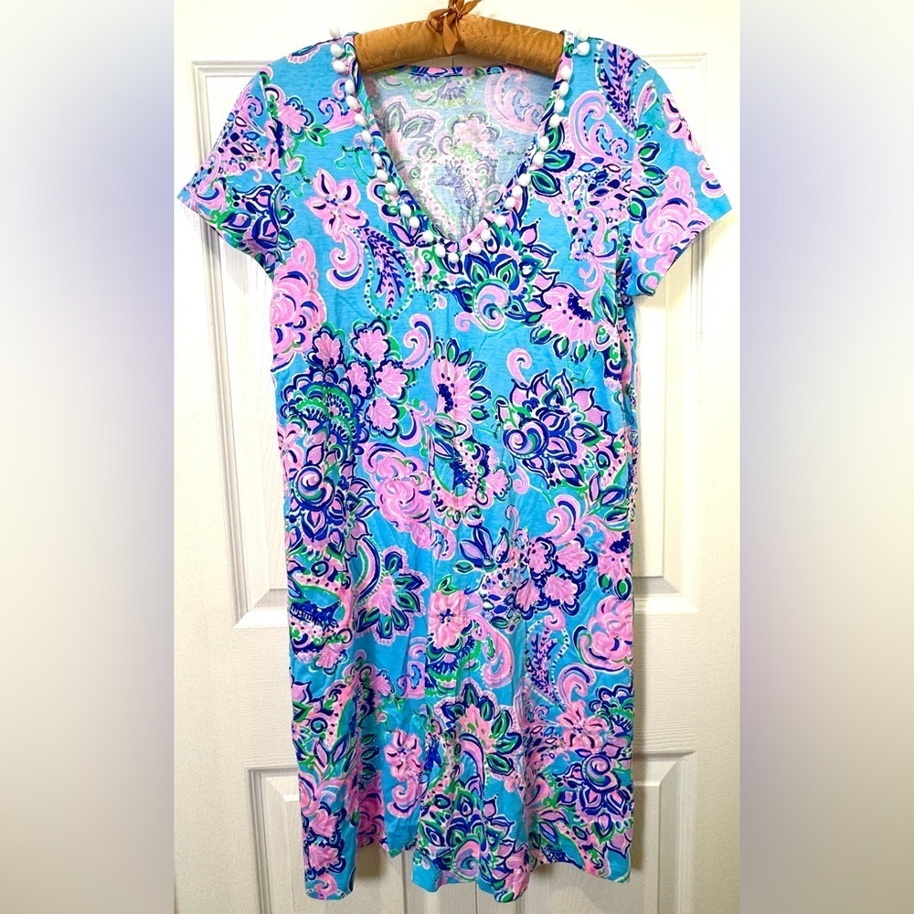 Lilly Pulitzer Etta Dress Blue Horizon Jungle Sunrise Pom Pom Trim medium NWOT